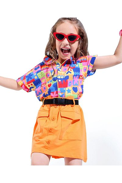 Ollington St. Ollington St. 100% Cotton Half Sleeves Shirt & Skirt Front Pockets Heart-Multicolor & Orange