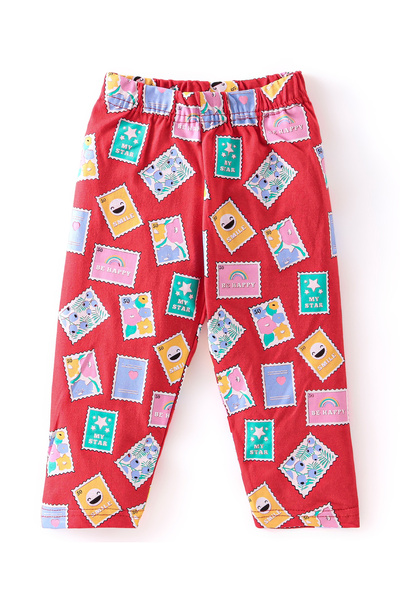 Babyhug Cotton Knit Full Sleeves Night Suit With Post Stamp Print - Red