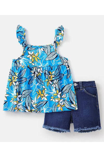 Babyhug 100% Cotton Knit Sleeveless Top & Denim Shorts Set Floral Print - Blue