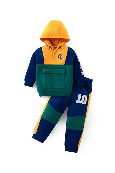 Babyhug 100% Cotton Knit Full Sleeves Colour Block Hoodie & Lounge Pants Set - Green