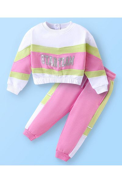 Babyhug Cotton Knit Full Sleeves Text Printed Sweatshirt & Joggers Set - White & Pink