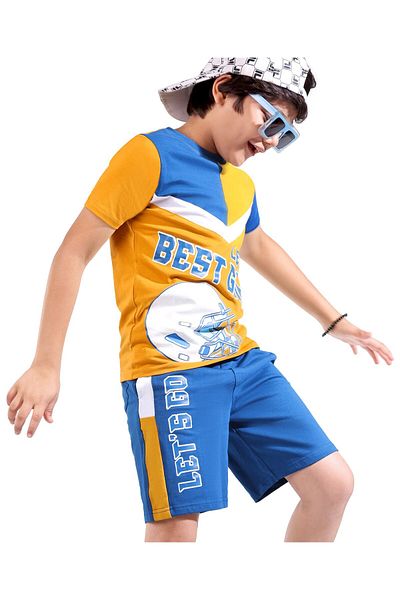 Ollington St. Ollington St. 100% Cotton Knit Half Sleeves T-Shirt & Shorts/Co-ord Set Text Print - Yellow & Blue