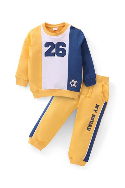 Babyhug 100% Cotton Knit Full Sleeves Color Block T-Shirt & Lounge Pant - Navy Blue & Yellow