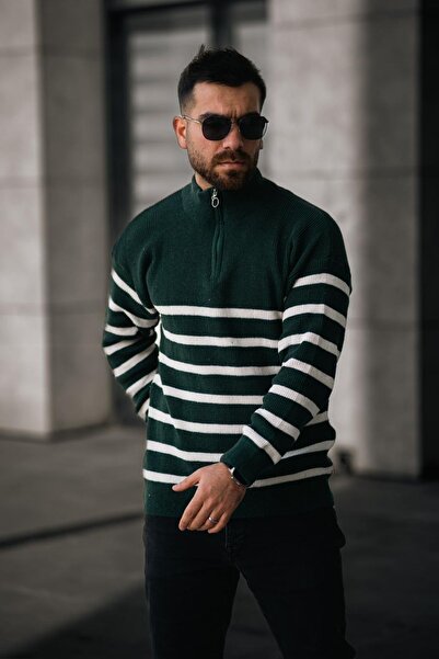 Know Ανδρικό λευκό μαύρο πράσινο μισό φερμουάρ Πλεκτό πουλόβερ με ριγέ γιακά σετ 3 τεμαχίων