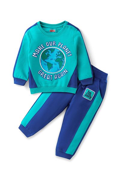 Babyhug 100% Cotton Knit Full Sleeves T-Shirt & Joggers With Earth Print - Blue & Green