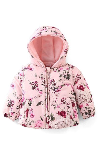 Babyhug Full Sleeves Hooded Puffer Winter Wear Suit With Floral Print - Pink