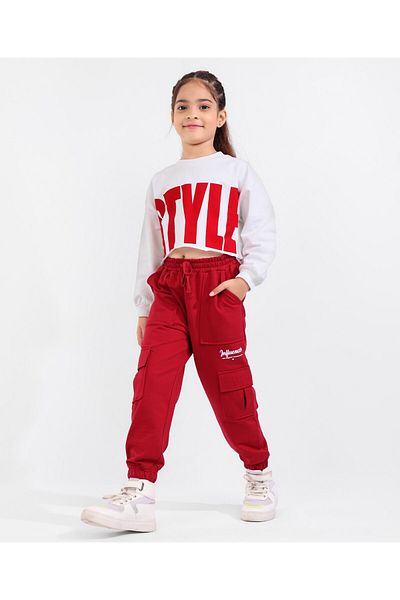 Ollington St. Ollington St. 100% Cotton Knit Drop Shoulder Full Sleeves Top & Cargo Joggers Set- White & Red