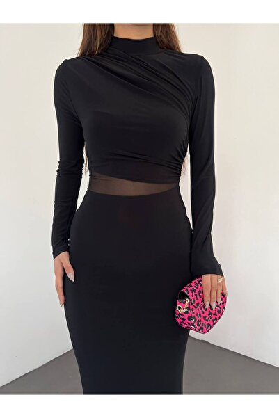 LYMENS Fashion Sandy Drabe Yaka Uzun Kollu Bel Detaylı Tül Geçişli Şık Elbise