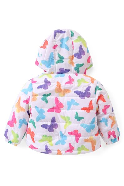 Babyhug Woven Full Sleeves Hooded Puffer Winter Wear Suit With Butterfly  Print - White