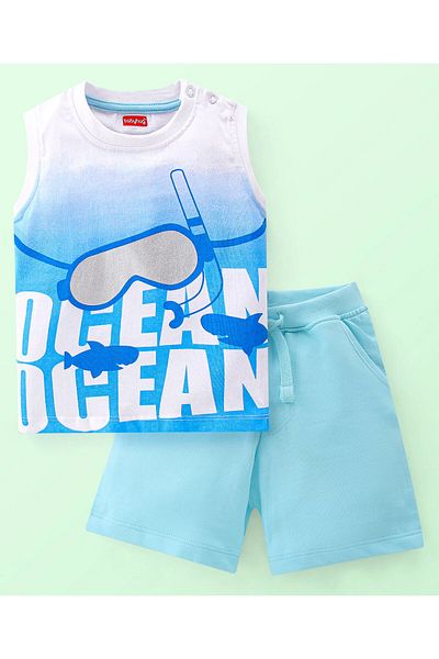 Babyhug 100% Cotton Knit Single Jersey Sleeveless T-Shirt & Shorts Ocean Print - White & Blue
