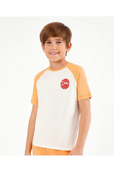 Primo Gino 100% Cotton Half Sleeves T-Shirt & Shorts Set Text Print- Off White & Orange