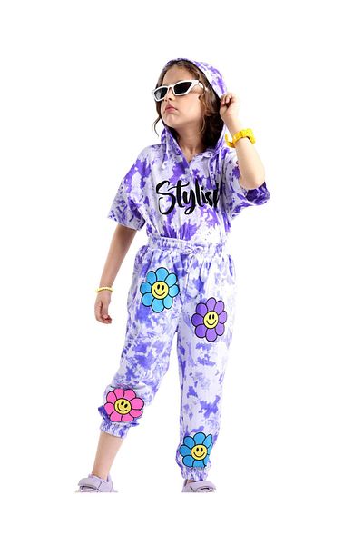 Ollington St. Ollington St. 100% Cotton Half Sleeves Tie Dyed Hooded Top & Jogger Pants/Co-ord Set -Purple & White