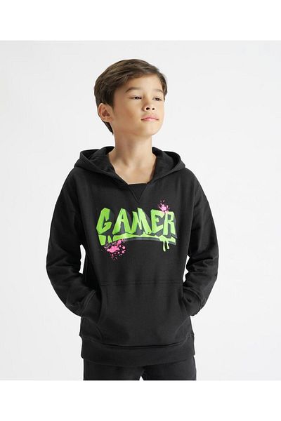 Primo Gino 100% Cotton Knit French Terry Full Sleeves Text Printed Hoodie & Jogger/Co-ord Set -Black