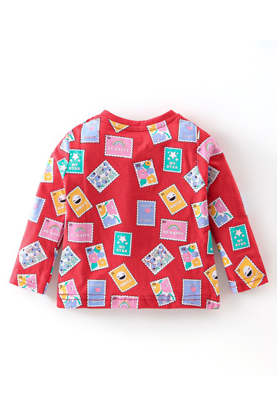 Babyhug Cotton Knit Full Sleeves Night Suit With Post Stamp Print - Red