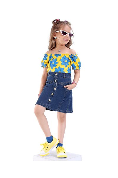 Ollington St. Ollington St. 100% Cotton Half Sleeves Floral Printed Top & Denim Skirt - Yellow & Indigo