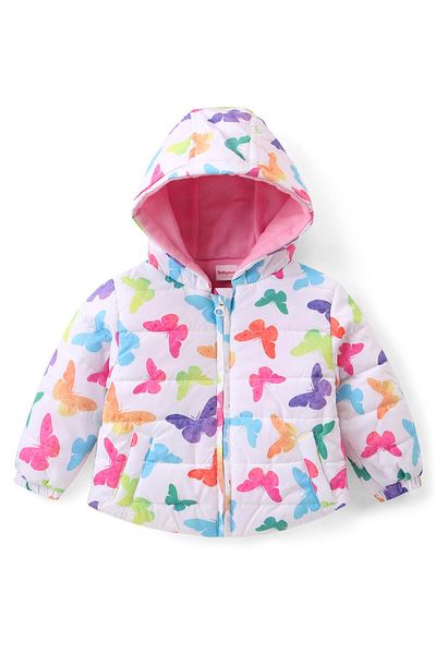 Babyhug Woven Full Sleeves Hooded Puffer Winter Wear Suit With Butterfly  Print - White