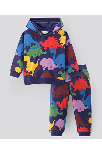 Bonfino 100% Cotton French Terry Full Sleeves Dino Printed Hoodie and Jogger Set - Black