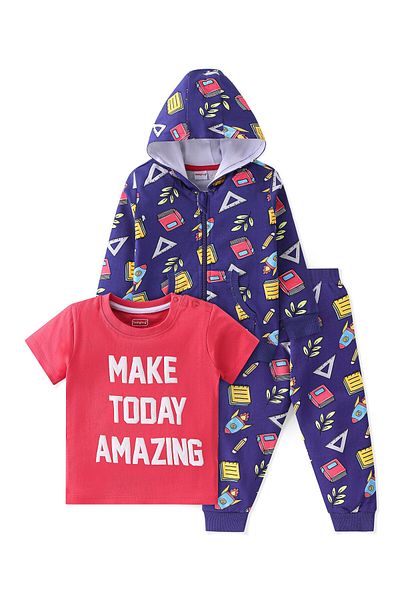 Babyhug 100% Cotton Terry Knit T-Shirt & Lounge Pant Set with Full Sleeves Hoodie Books Print - Blue