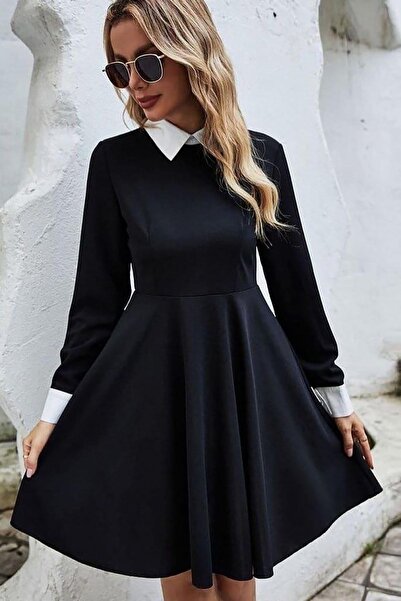 Deafox Černé šaty z krepové látky s dlouhým rukávem a límečkem