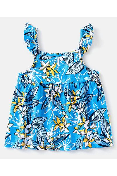 Babyhug 100% Cotton Knit Sleeveless Top & Denim Shorts Set Floral Print - Blue