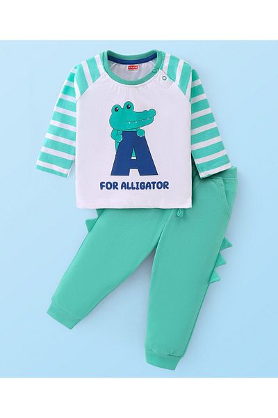 Babyhug Cotton Knit Raglan Sleeves T-Shirt & Lounge Pants Set With Alligator Print - White & Green