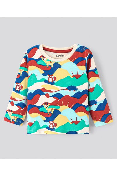 Bonfino 100% Cotton Full Sleeves T-Shirt & Lounge Pant/Co-ord Set Deer & Fox Print- Blue Red & Green
