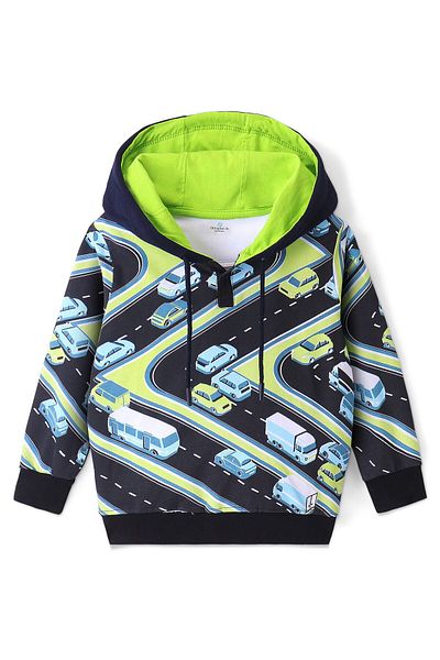Ollington St. Ollington St. 100% Cotton Full Sleeves Hoodie & Lounge Pants With Cars Print - Black & Lime