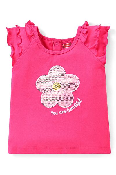 Babyhug Single Jersey Frilled Sleeves Top with Sequins & Skirt Set Floral Print - Pink