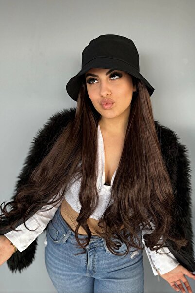 Genel Markalar Şapka detaylı kahverengi dalgalı peruk