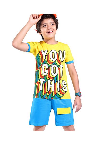 Ollington St. Ollington St. 100% Cotton Knit Half Sleeves T-Shirt & Shorts Set With Text Print - Yellow & Blue