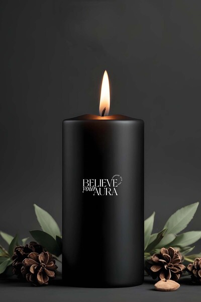 Believe Your Aura Sandal Ağacı Kokulu Siyah Silindir Mum - %100 Doğal Soya Mu...