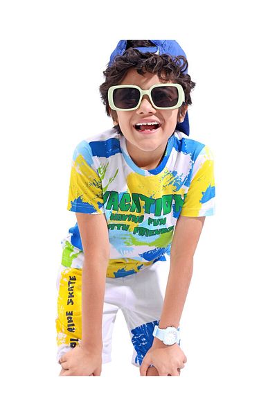 Ollington St. Ollington St. 100%Cotton Knit Half Sleeves T-Shirt & Shorts Set / Co-Ords Set Text Print -Multicolor