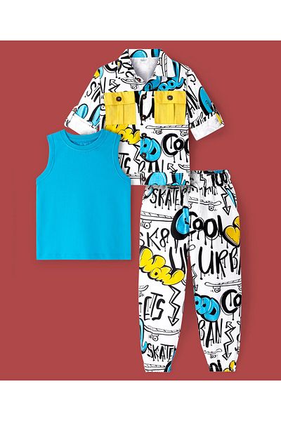Ollington St. Ollington St. 100% Cotton Knit Full Sleeves Shirt with Inner & Joggers Set Text Print - Multicolor
