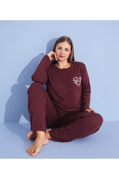 Alcteks Plus Size Burgundy Women's Pajama Set with Button Detail & Long Sleeve Elegance