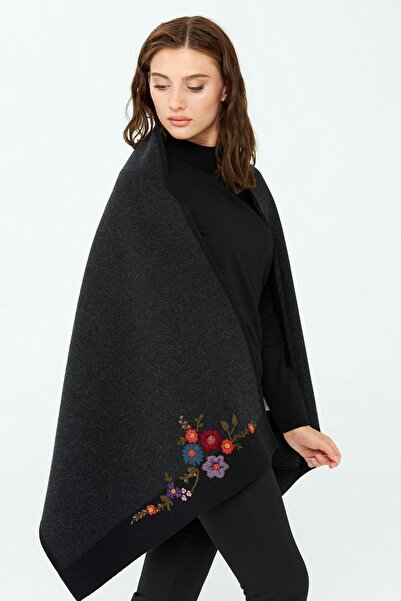 Desen Triko Tricotaj brodat cu flori pentru femei, șal negru