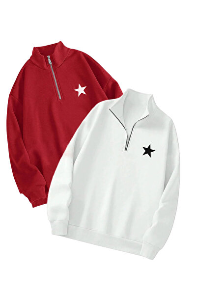 MODARİCH 2-компонентна блуза с полуцип и звезден мотив - червена и бяла с при...