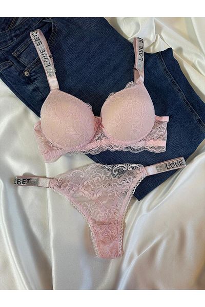Beyaz Gelincik Underwear Set de sutien push-up cu captuseala cu sârmă, roz, cu volan, pentru femei