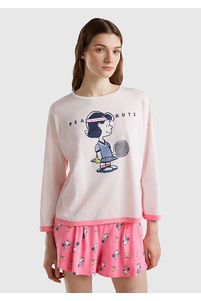 United Colors of Benetton Women's Light Pink 100% Cotton Peanuts Printed Off-Shoulder T-Shirt