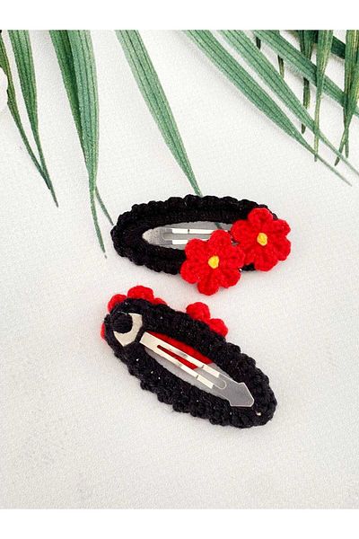 Kadın Girişimciler Atölyesi Black Snap Red Crispy Floral 2-Piece Snap Buckle Handmade Hair Accessory