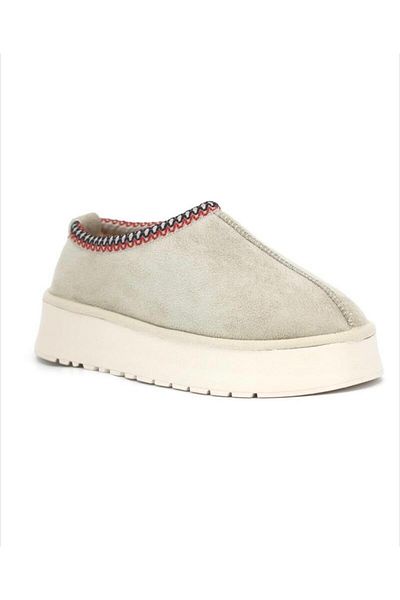 Home Women's Mini Beige Furry Suede Half Boots and House Slippers Thick Sole