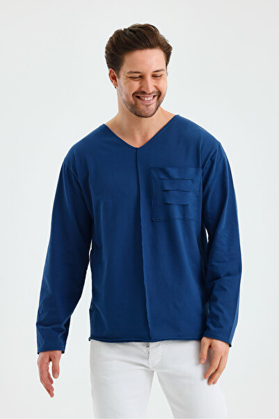 rammers Açık V Yaka Pis Kesim Detaylı Cepli Uzun Kollu Tişört Rahat Kesim