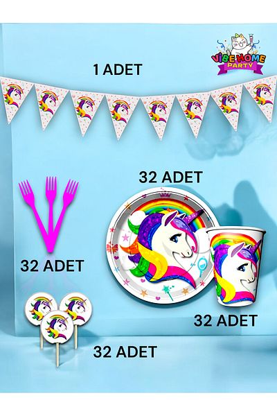 VibeHome Unicorn Themed Eco Set for 32 - Birthday Party and Fun Events