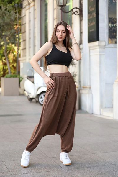 Sosyete Kaplumbağa Authentic 100% Cotton Pocket Elastic Leg Tumbled Wash Loose Baggy Trousers