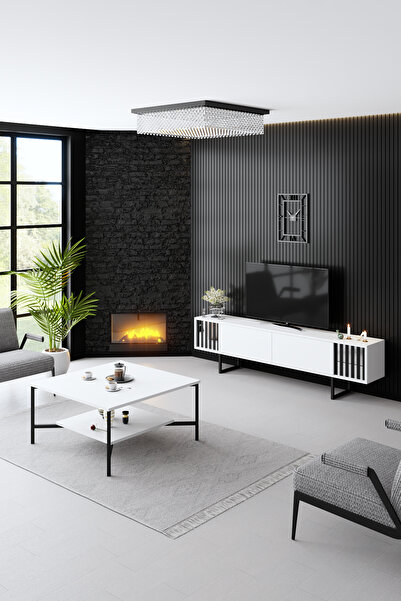 Modatte Chrome Line Demir Ayaklı Beyaz Tv Sehpası