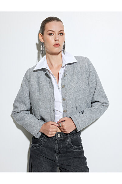 Koton Tweed Crop Jacket - kulatý výstřih a kapsa na knoflíky