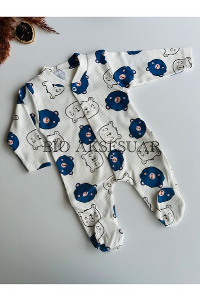 bioaksesuar Cute Baby Romper with Bear Print - 100% Cotton, Flexible, 1-3-6 Months Old, Girls and Boys with Booties