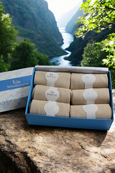 Blue Style 100% Bamboo Men's Toe Seamless Beige Socks Pack of 6