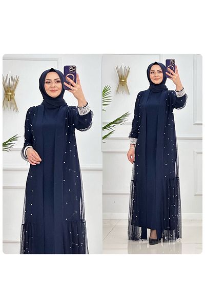 Enans Design Women's Tulle Abaya Set - Double Dress and Abaya Set