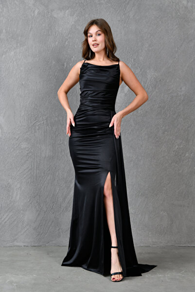 4S1B FASHION Degaje límec nařasený detail rozparku Rybí střih Saténová látka Maxi délka Černé saténové šaty 39461