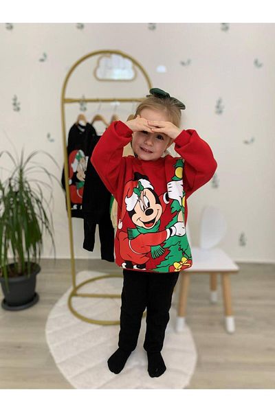 patriko tekstil Christmas Concept Minnie Mouse Girl's Inside Fleece Sweatshirt Leggings Bottom Top Suit